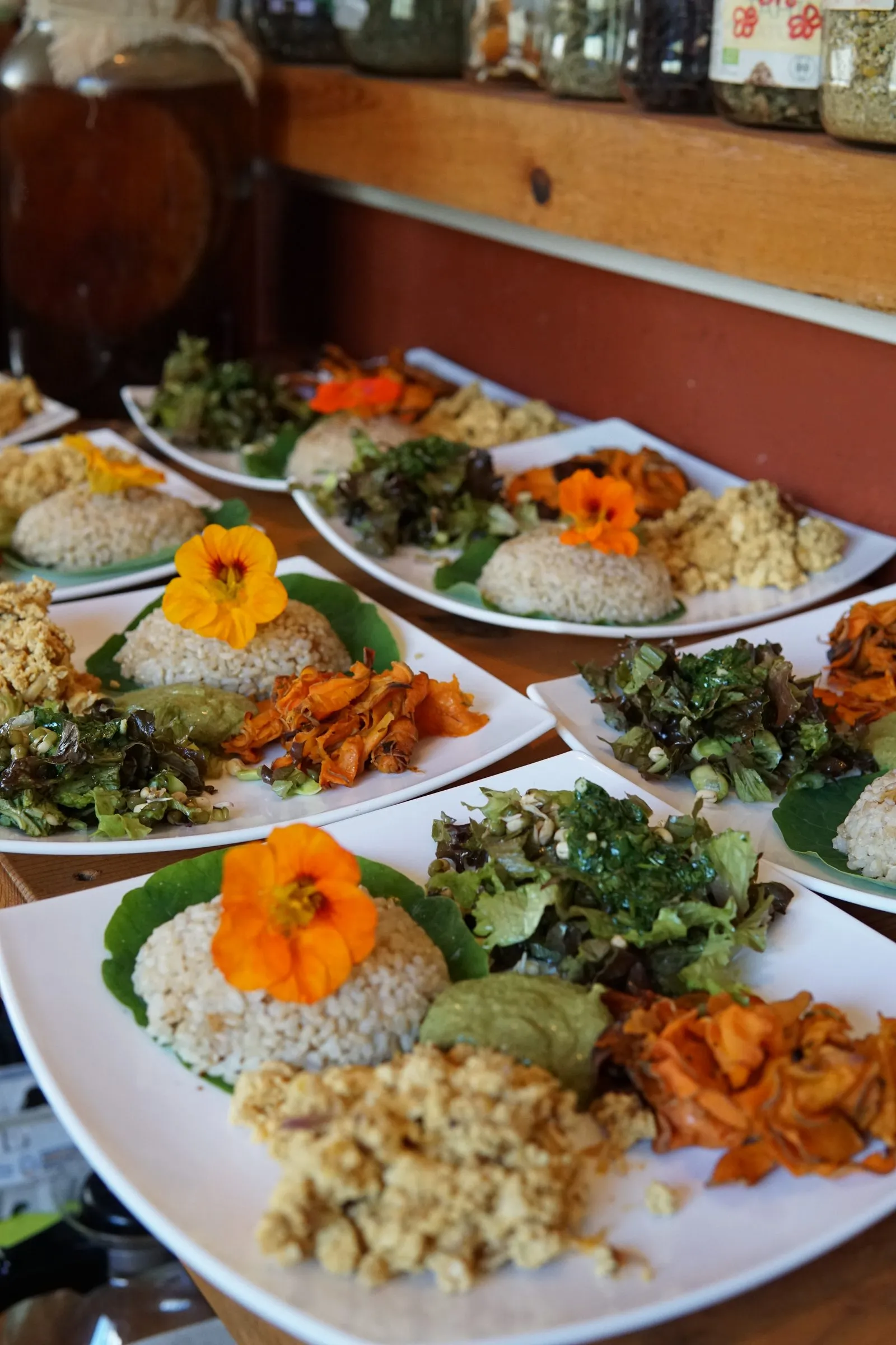 Colourful plates of vegetables decorated with edible flowers